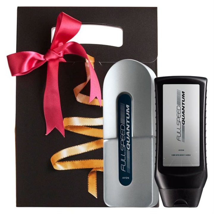 Set cadou Full Speed Quantum, Avon, Apa de toaleta si gel de spalat intr-o punga colorata, Pentru barbati