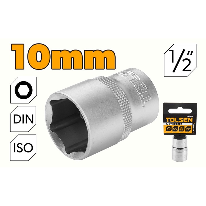 Cheie tubulara TOLSEN 1/2" Cr-V 10 mm, 50BV30, tratament termic, standard DIN3124/ISO2725, canal retinere bila, cromata, actionare manuala, Industrial