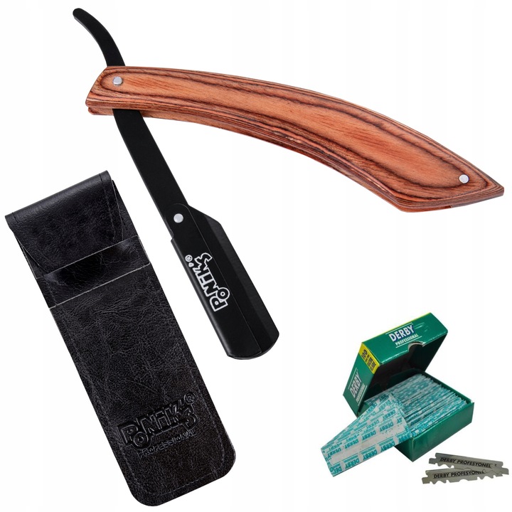Set brici barbierit + 100 de lame de ras, Ponik's, Otel, Negru/Lemn