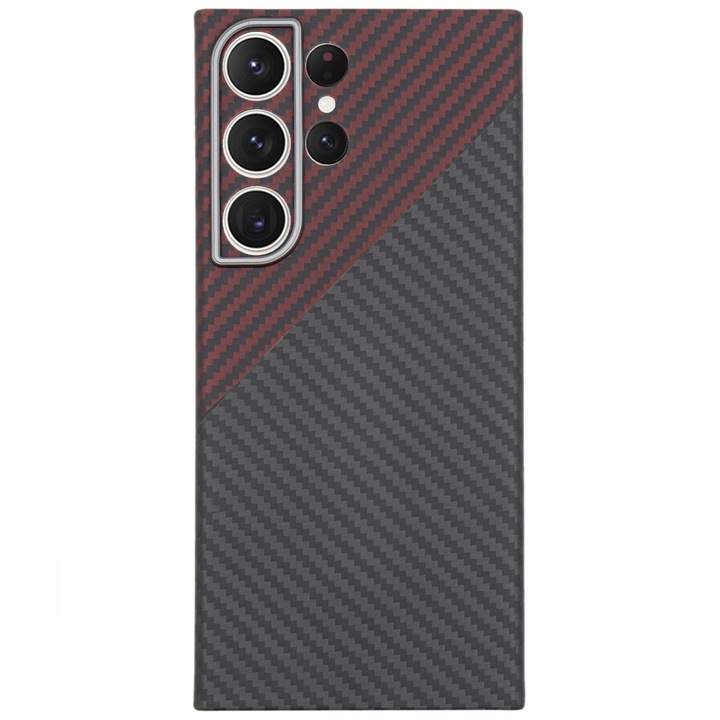 Калъф SILKASE карбоново покритие за Samsung Galaxy S24 Ultra, арамиден кевлар, защита на камерата, черен/червен