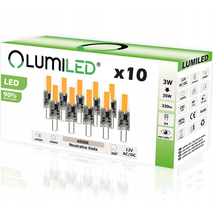 Set 10 becuri LED, Lumiled, G4, 3W = 35W, 330 lm, 4000 K, Alb neutru