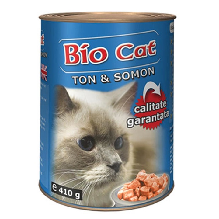 Hrana umeda pentru pisici, BIOCAT, aroma de somon si ton, conserva 410 g