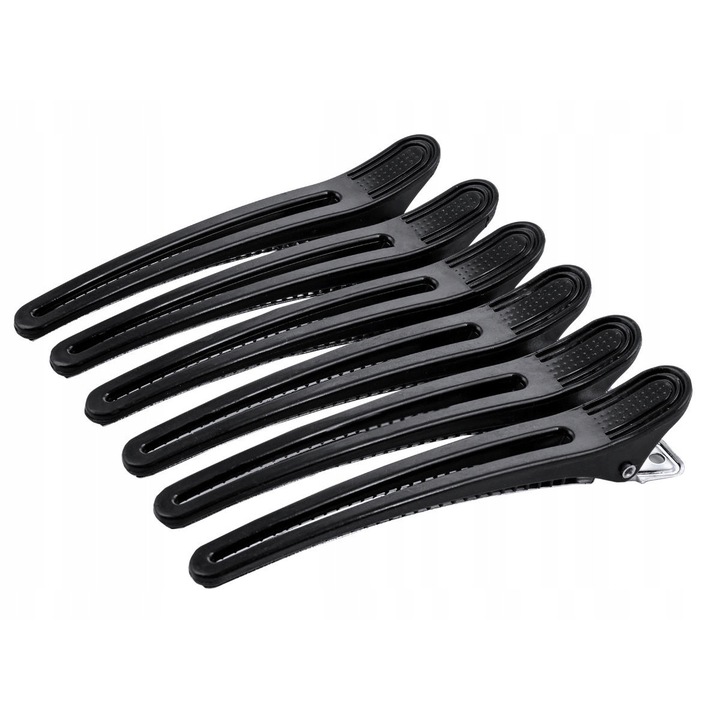 Set clipsuri profesionale pentru sectionarea parului, Ponik's, 100 mm, aluminiu si plastic rezistent, resort puternic cu mini dinti antialunecare, coafor si frizerie, 6 bucati