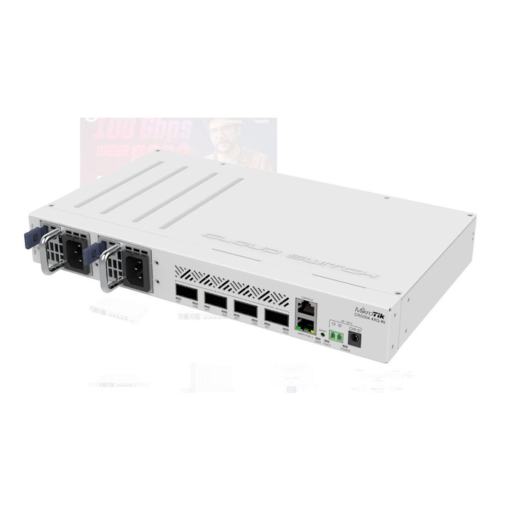 SWITCH MIKROTIK CRS504-4XQ-IN, 1 x 10/100Mbps, 4 x 100 QSFP28, Procesor: 650 MHz, 64MB RAM, 16MB fl