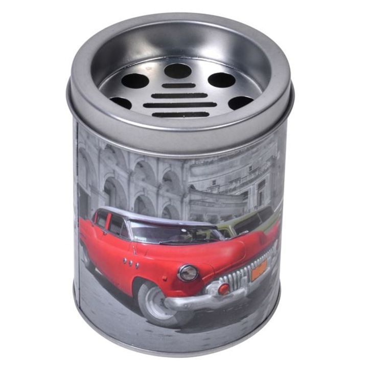 Scrumiera metalica VENITIVO ® cu capac detasabil, model vintage cars, diametru x Inaltime 8 x 10 cm