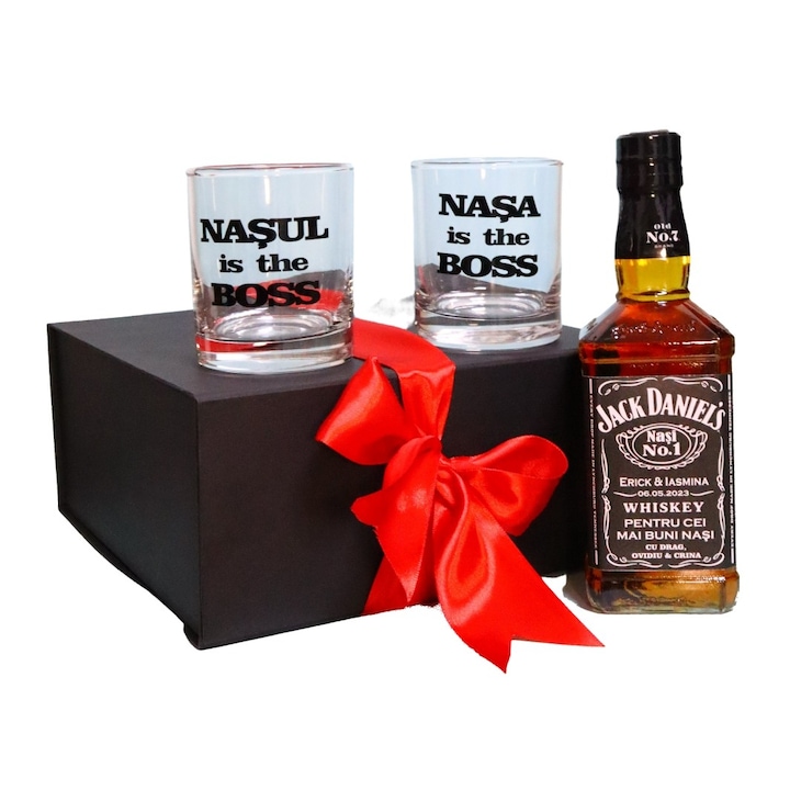 Set Personalizat Cadou Nasi, Whiskey Jack Daniel’s cu 2 Pahare, 23×23 cm, Negru, DCNS013