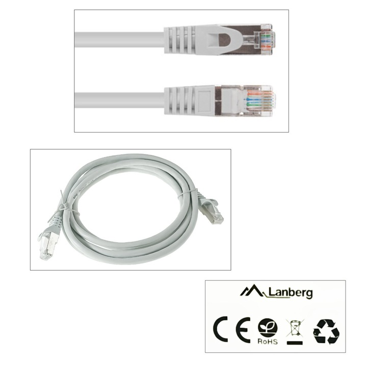 Hálózati kábel-patchcord CAT6 FTP, Lanberg 43616, 2 X RJ45, hossz 2m, AWG26, 10Gb/s-250MHz, hálózati csatlakozás, ethernet, szürke