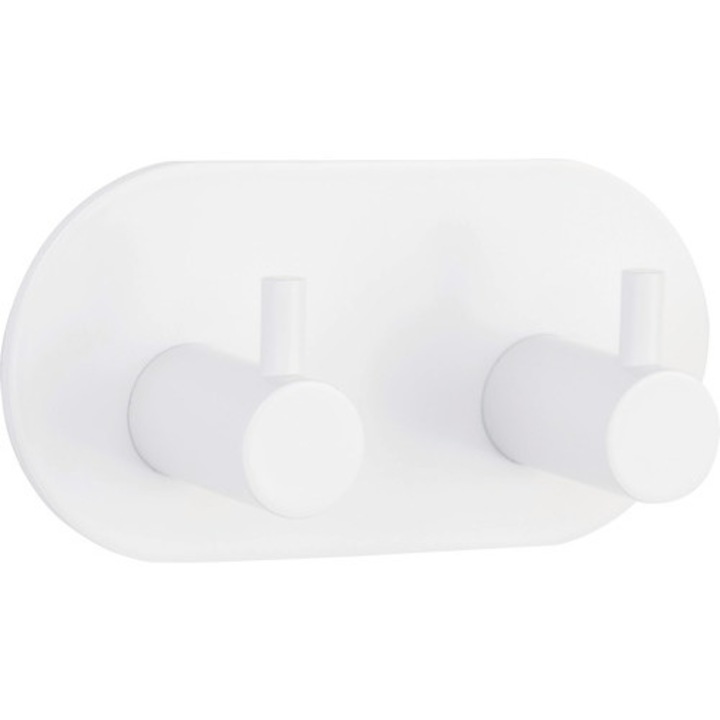 Cuier de baie din metal cu 2 agatatori, montaj prin lipire, alb mat