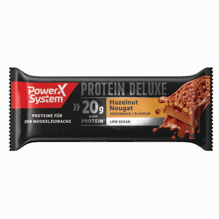 Baton proteic, Power System Protein Deluxe, nouga cu alune, 55 gr x 15 buc