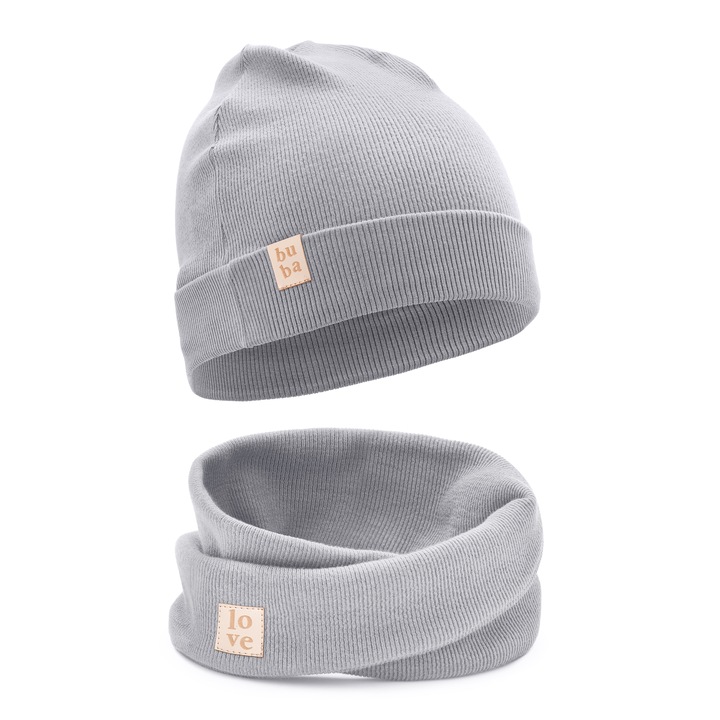 Caciula si fular pentru copii din bumbac, Gri