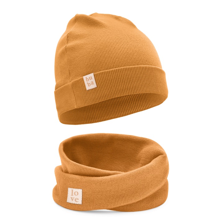 Caciula si fular pentru copii din bumbac, Caramel