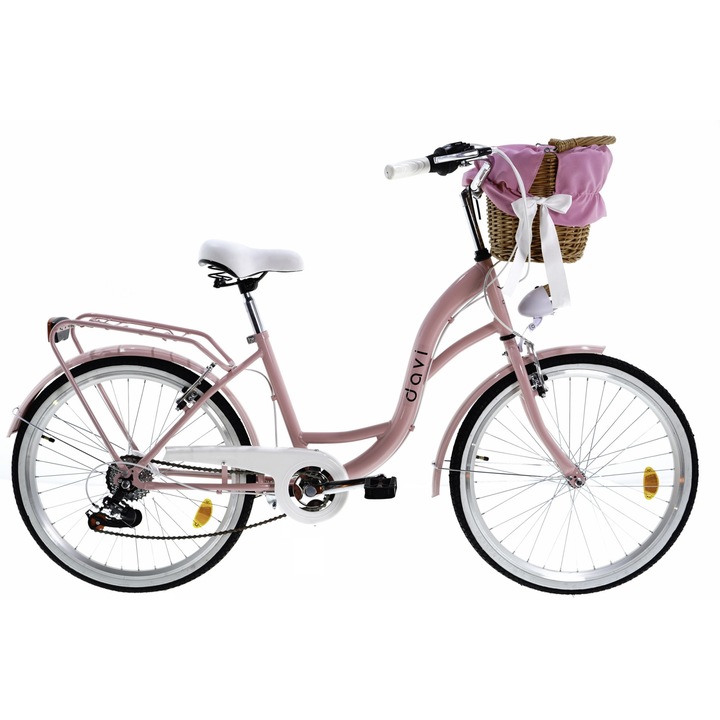 Bicicleta copii cu cos rachita Davi® Amelia, 6 viteze Roti din aluminiu marimea 24", 130-165 cm inaltime, Roz