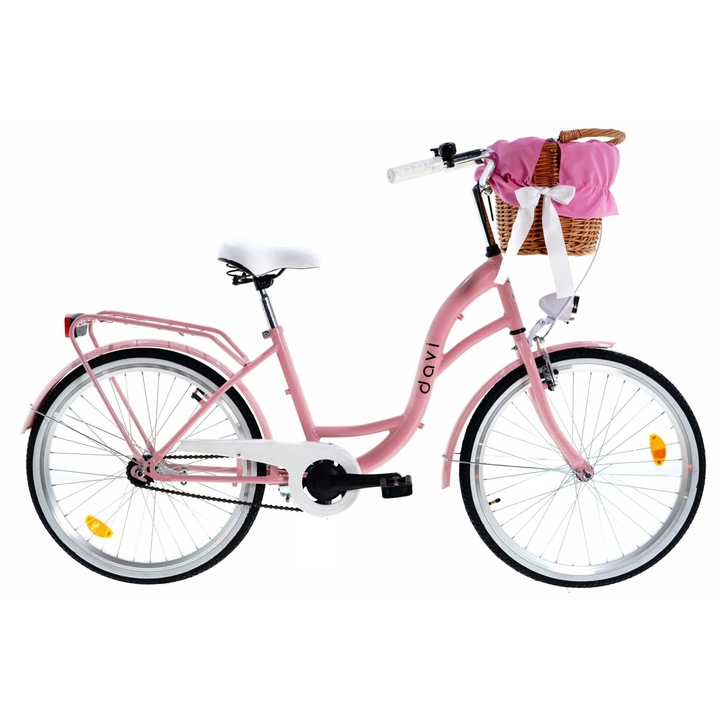 Bicicleta copii cu cos rachita Davi® Amelia, 1 viteze Roti din aluminiu marimea 24", 130-165 cm inaltime, Roz