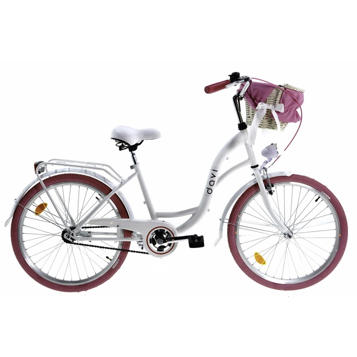 Bicicleta copii cu cos rachita Davi® Amelia, 1 viteze Roti din aluminiu marimea 24", 130-165 cm inaltime, Alb/Roz
