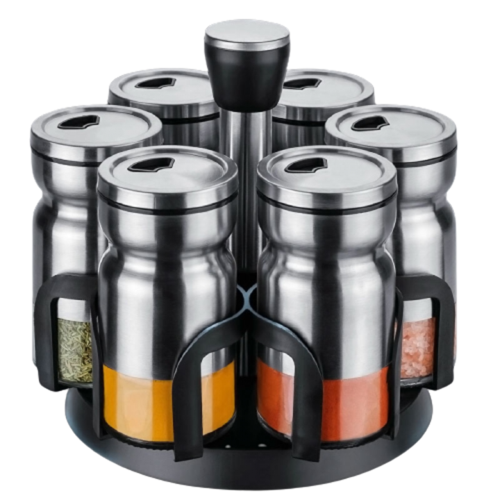 Set Rasnita Condimente Brio Metallica, 6 Recipiente Sticla Cu Capac De Inox, 120 ML, Suport Inox Rotativ, 18x18x17 Cm