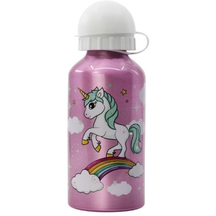 Sticla apa aluminiu Unicorn Rainbow 400ml Roz