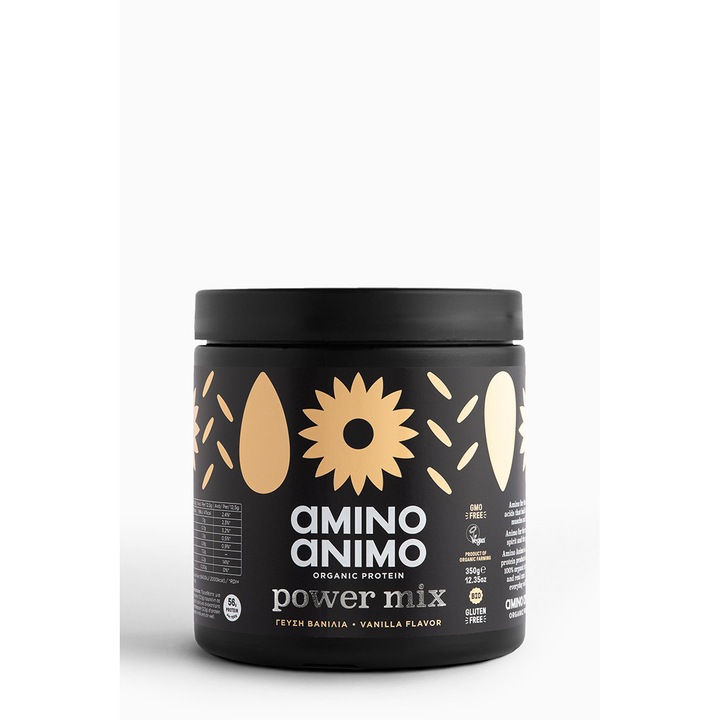 Proteine din Migdale, Seminte de floarea soareluide si Orez plante organice, Amino animo, fara gluten si vegane cu inulina si aroma de vanilie, 350 g