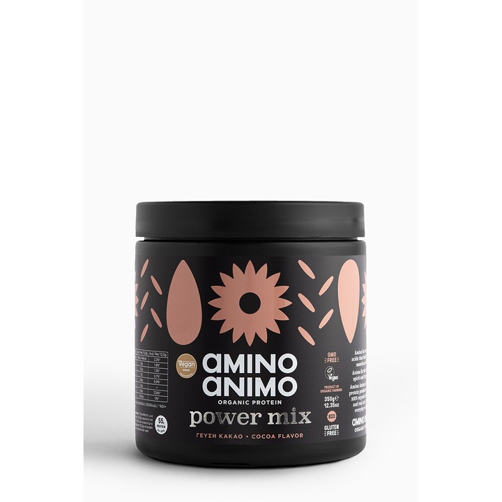 Proteine din Migdale, Seminte de floarea soareluide si Orez plante organice, Amino animo, fara gluten si vegane cu inulina si aroma de cacao, 350 g