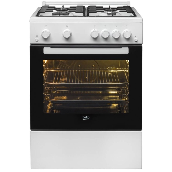 Газова готварска печка Beko FSGT62110GWO, 4 газови котлона, Електрическо запалване на фурна/котлони, Grill, Въртящ шиш, 60 cм, Бяла