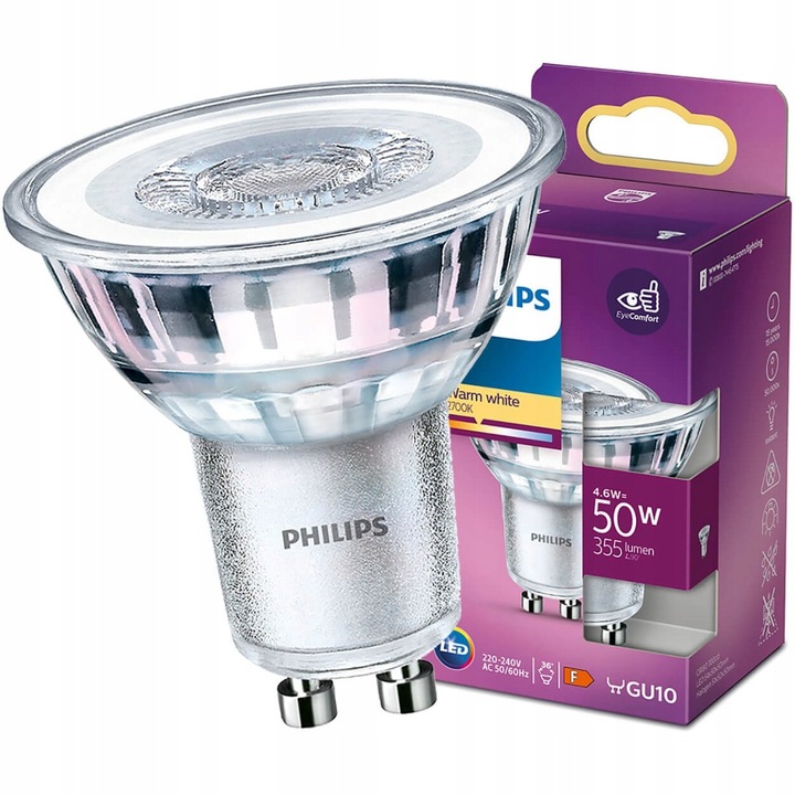 LED крушка, Philips, GU10, 4.6W = 50W, 355lm, 2700K, Топло бяло