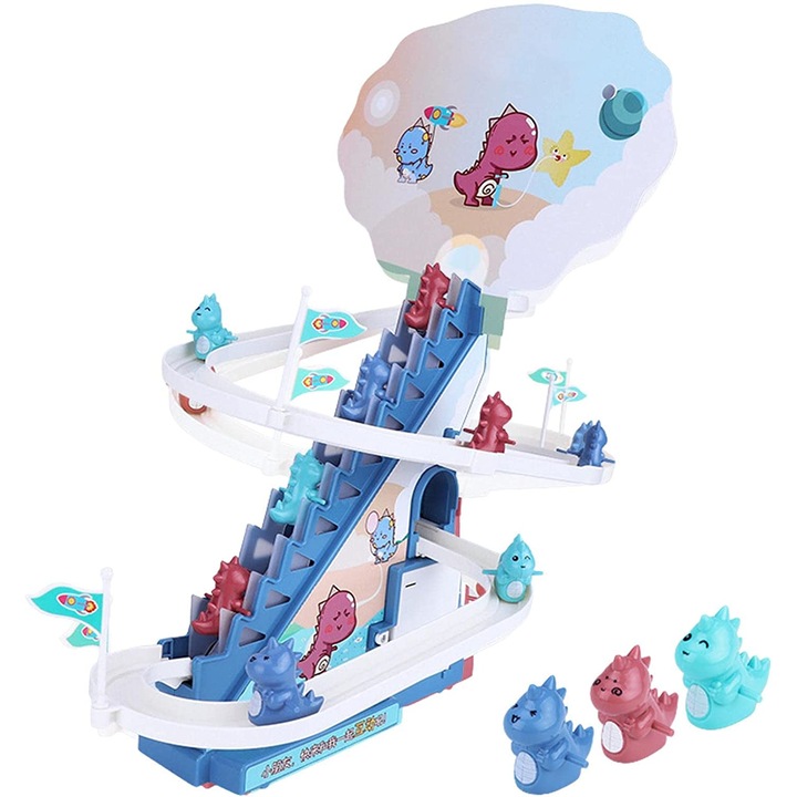 Tobogan pentru Dinozauri, Lumini si Sunete Interactive, 3 Dinozauri, 42x21x38 Cm, Cu Telecomanda, Albastru + 3 Ani, Utility One