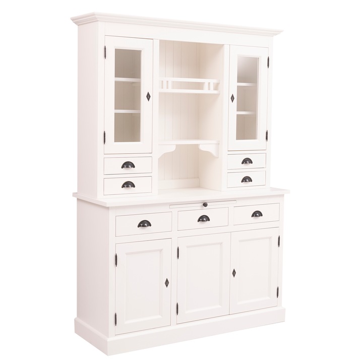 Bufet cu 3 usi, 3 sertare cu sine, 2 usi sticla, 4 sertare, spatiu deschis, culoare alb murdar, vopsit 100% lemn masiv