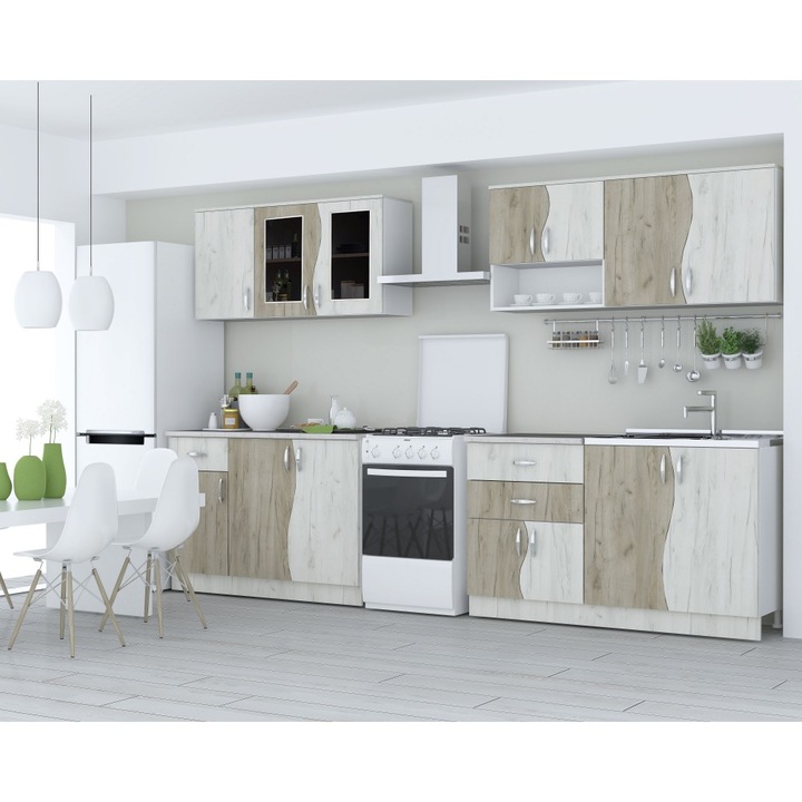 Set mobila bucatarie Paula S, 260x60x200cm, stejar/alb