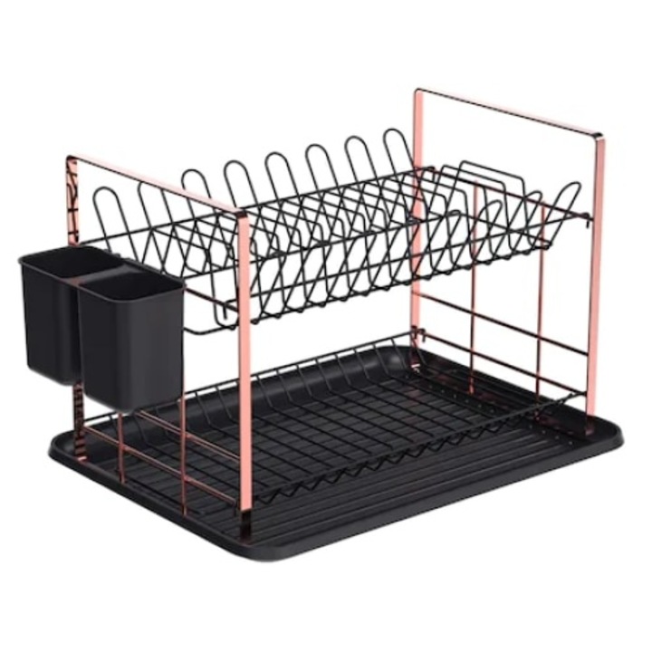 Suport uscator de vase, din otel cromat, cu tava din plastic si suport pentru tacamuri, cu finisaj mat, negru