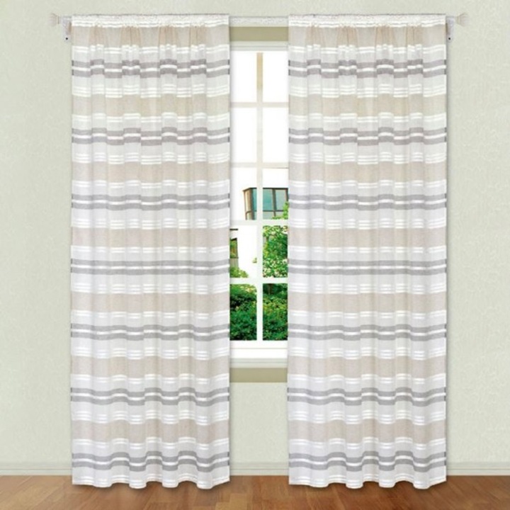 Set 2 perdele, gri/bej, cu dungi, 2 x 140 x 260 cm