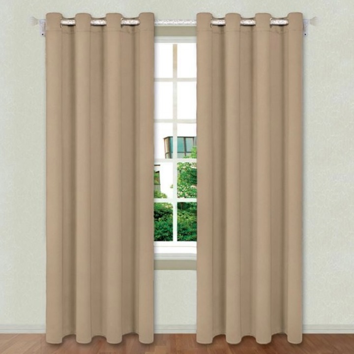 Set 2 draperii, cu inele metalice, bej, 2 x 140 x 260 cm