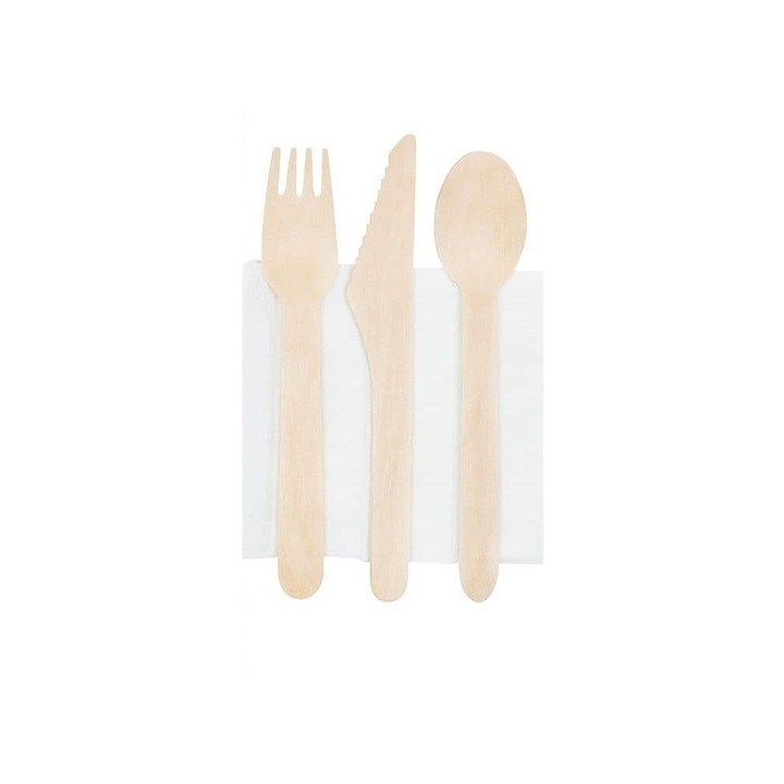 Egyenként csomagolt készlet villa, kés, kanál, szalvéta, fa, 16,5 cm, 100 db