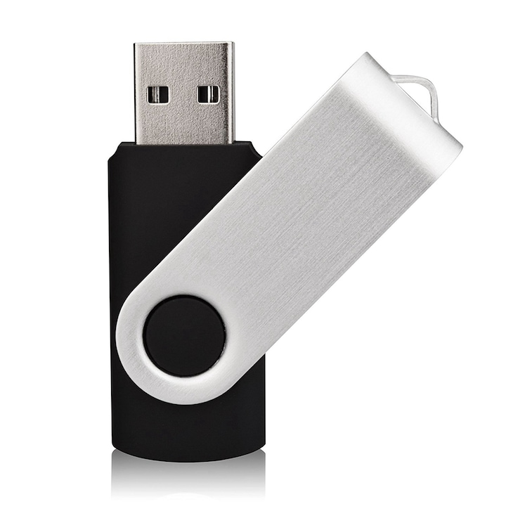 Memorie USB 8GB personalizabila, fara logo, flash drive / stick USB estelle ®, corp negru, carcasa metalica argintie pivotanta, capacitate 8 GB