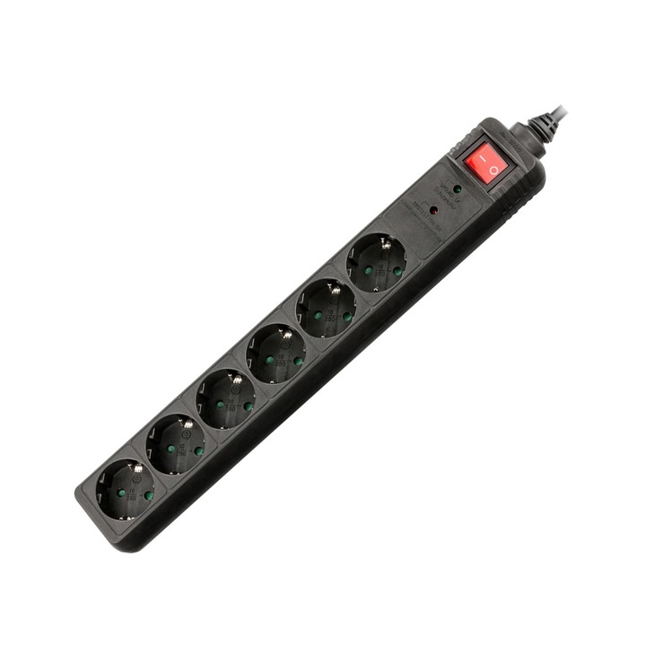 Разклонител Xmart GNBKS06, Защита за деца, 6 гнезда, Светещ ключ, Кабел 1.5 м, Черен