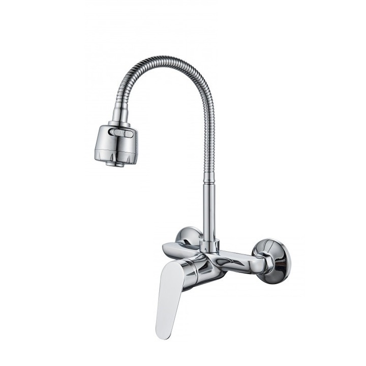 Смесител Inter Ceramic Linni ICF 5452152 M7313, За кухненска мивка, 2 струи, Висок и въртящ се чучур, Хром