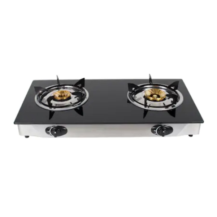 Преносим котлон, с основа от неръждаема стомана и стъкло, 2 горелки, механично управление, черна