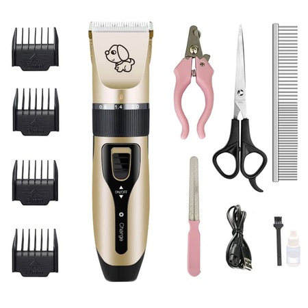 Set Masina profesionala de tuns animale fara fir BYONDSELF®, C6, caini, pisici,1200 mAh, autonomie 2 ore, cu incarcare USB, Auriu/Negru
