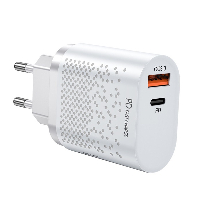 OEM Ultra Charge töltő, 1x USB 3.0 és 1x USB Type C, univerzális kompatibilis, fehér