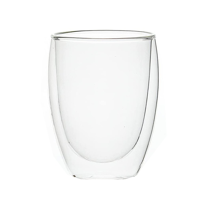 Pahar din sticla cu pereti dubli, termorezistent, avand design modern, capacitate 350 ml