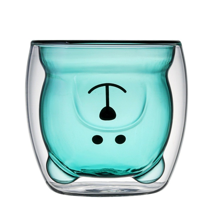 Pahar din sticla cu pereti dubli Blue bear, termorezistent, avand design modern, capacitate 250 ml