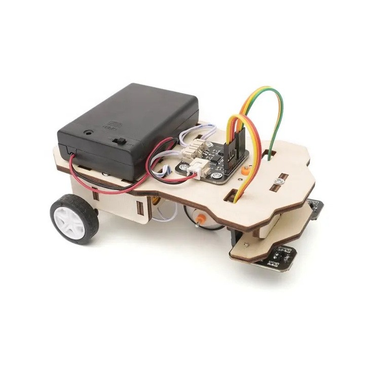 Jucarie Educationala Tetea, Kit lemn STEM, masinuta din lemn cu senzor de urmarire