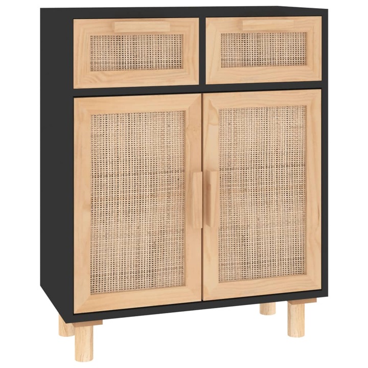 vidaXL fekete tömör fenyő/természetes rattan tálalószekrény 60x30x75cm 15.6 kg