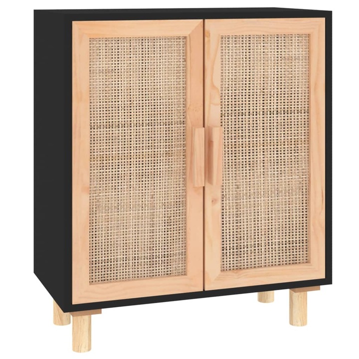 vidaXL fekete tömör fenyő/természetes rattan tálalószekrény 60x30x70cm 10.25 kg