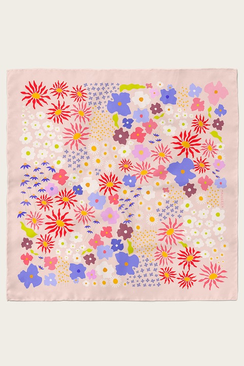 Mauverien, Esarfa de matase cu model floral, Bej, Rosu verimillion, Albastru deschis