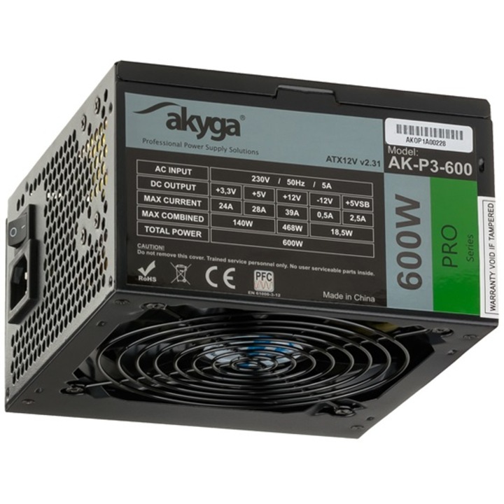 Sursa alimentare Akyga Pro ATX Power Supply 600W AK-P3-600 Fan12cm P8 5xSATA 2xPCI-E