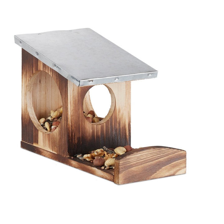 Дървена къща за катерици, с метален покрив, 18 х 12 х 25 см