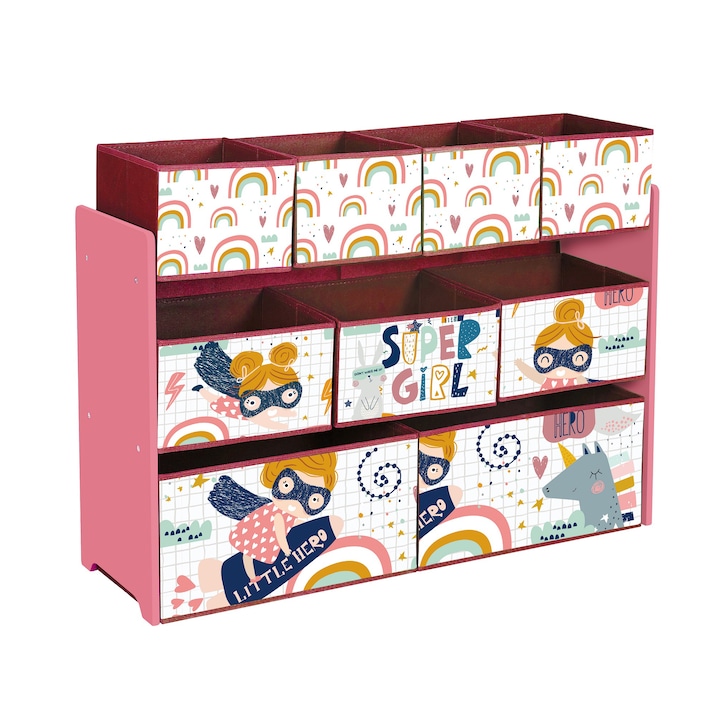 Детски Органайзер SUPER GIRL, За играчки и книжки, С 9 текстилни коша за съхранение, 92х30х60 см, розов