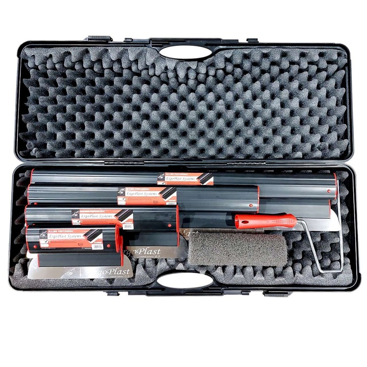 Set 4 gletiere profesionale, lama inox 0.3 mm, 25, 40, 60, 80 cm, rola gletuit, geanta, Ergoplast, Olejnik