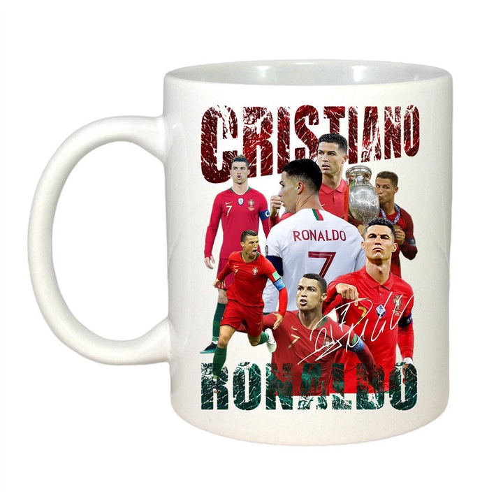 Cana personalizata cu imprimeu Cristiano Ronaldo, Ceramica, 330 ml, Maner si interior Alb