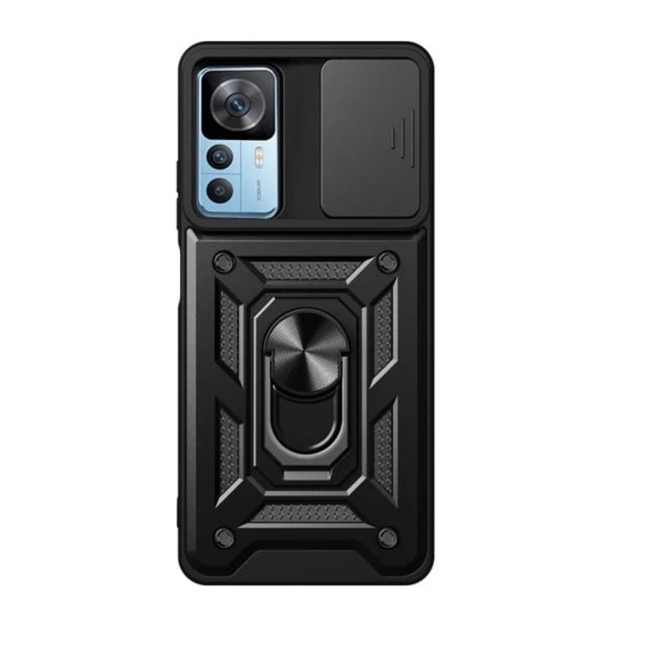OEM Ütésálló hátlap tok, Xiaomi 12T / 12T Pro telefonhoz, kameravédővel, kitámasztóval, fekete