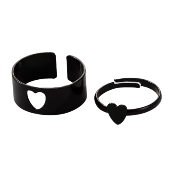 Set 2 inele pentru cuplu, ADM, cu inima, ajustabile, negre